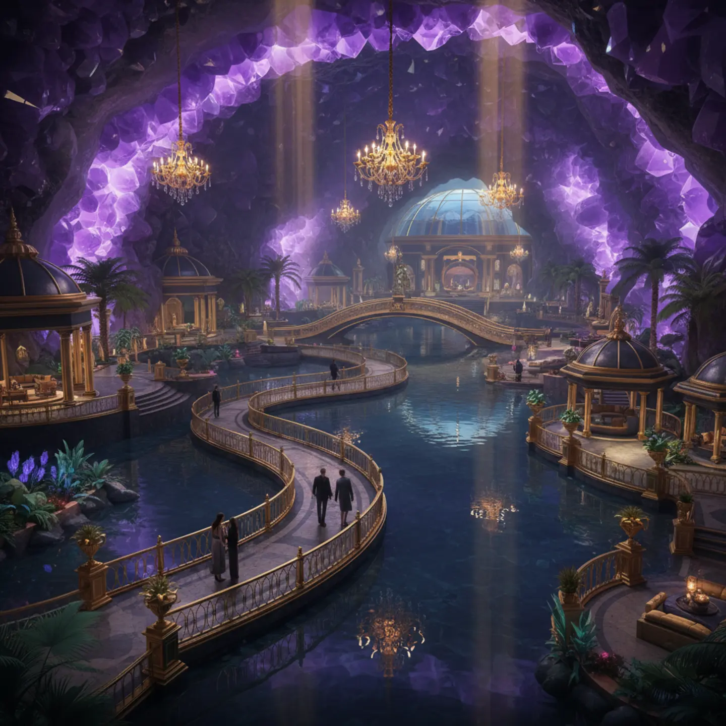 Glowing subterranean pool surrounded by amethyst crystals